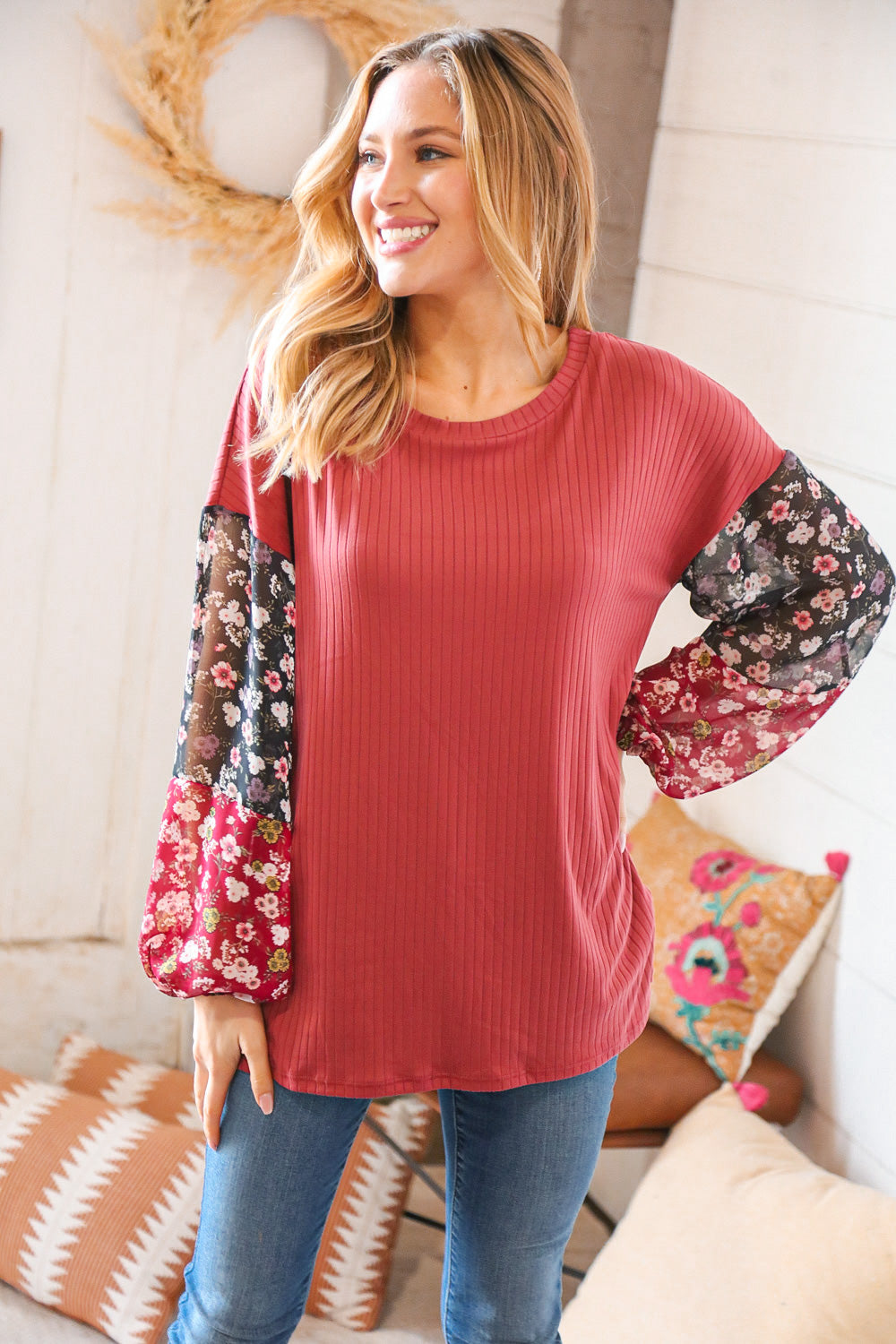 Rosewood Pink Rib Knit Floral Chiffon Bubble Sleeve Top