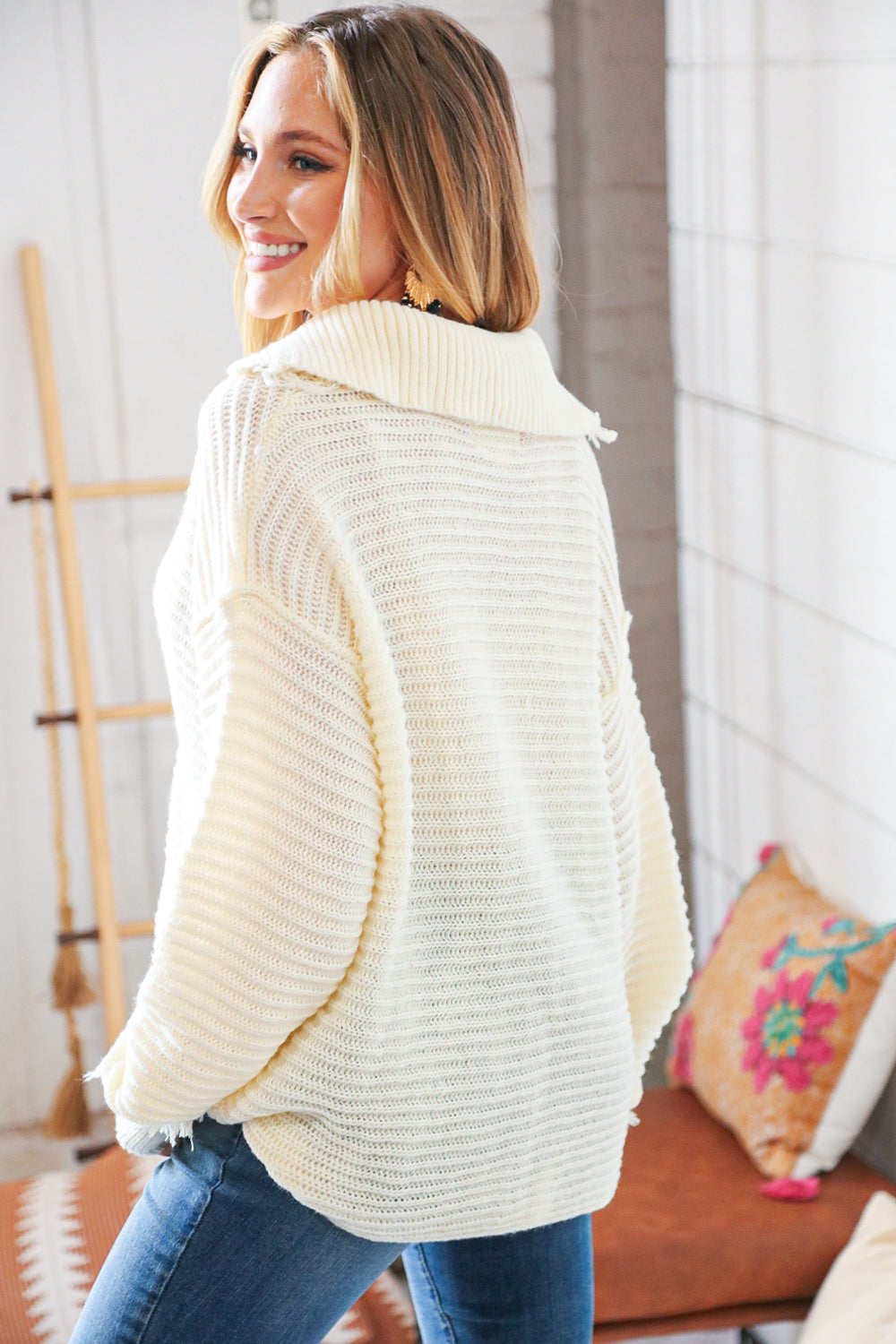 Winter White V Neck Oversize Collar Sweater Pullover