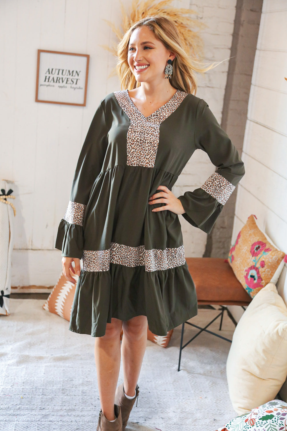 Olive Animal Banded V Neck Bell Bottom Pocketed Dress