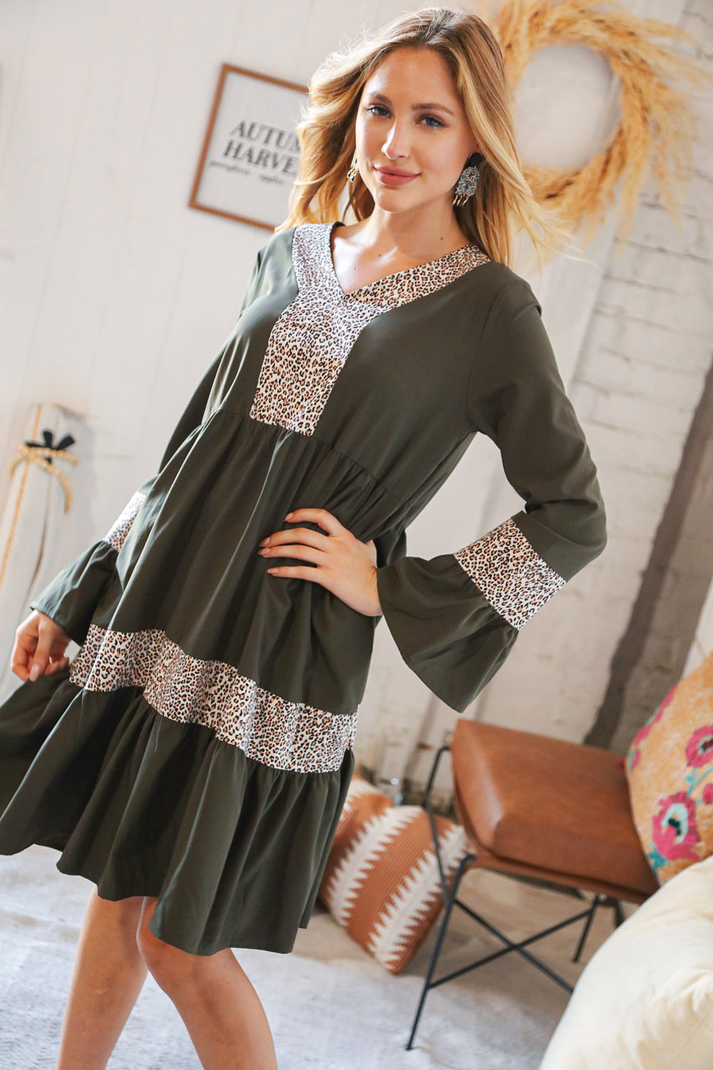 Olive Animal Banded V Neck Bell Bottom Pocketed Dress