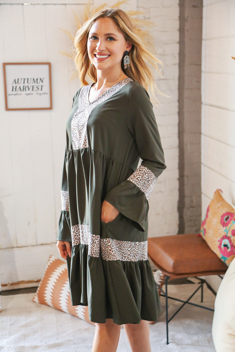 Olive Animal Banded V Neck Bell Bottom Pocketed Dress