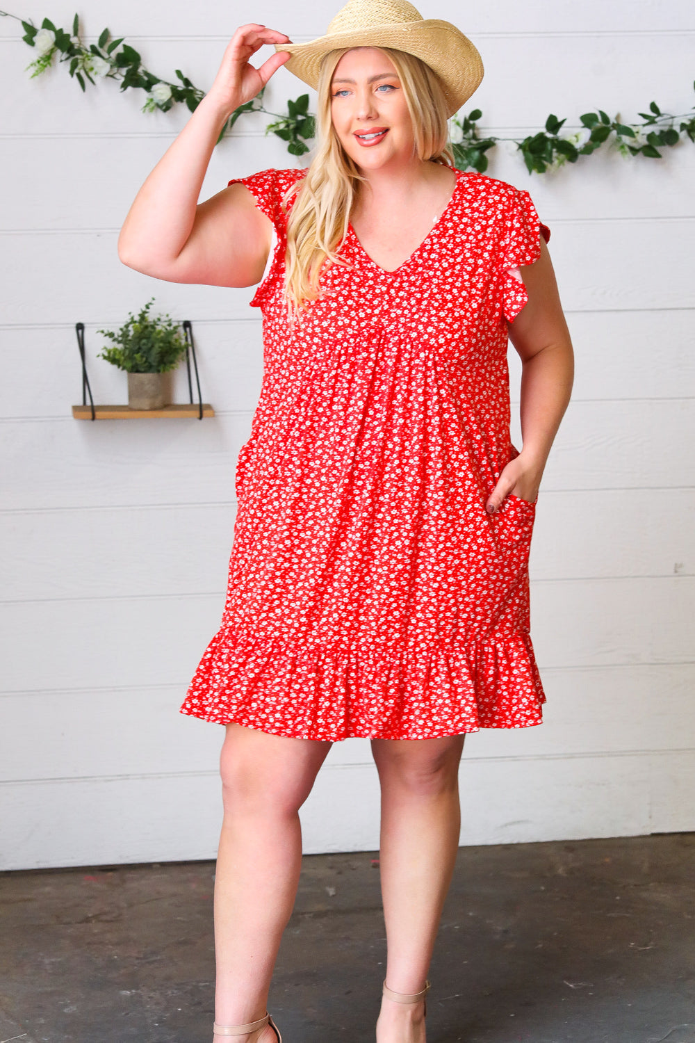 Cherry Red Ditzy Floral Babydoll Midi Dress