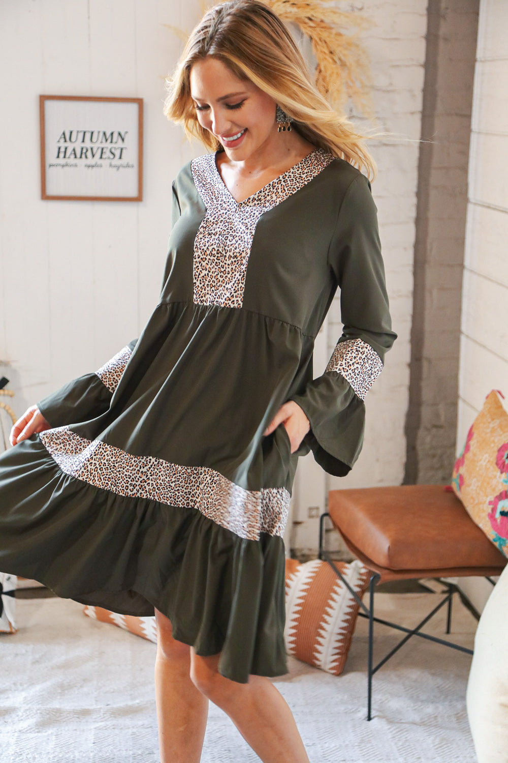 Olive Animal Banded V Neck Bell Bottom Pocketed Dress