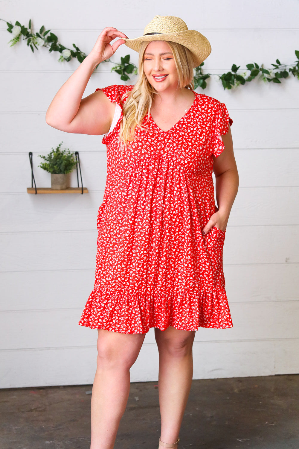 Cherry Red Ditzy Floral Babydoll Midi Dress