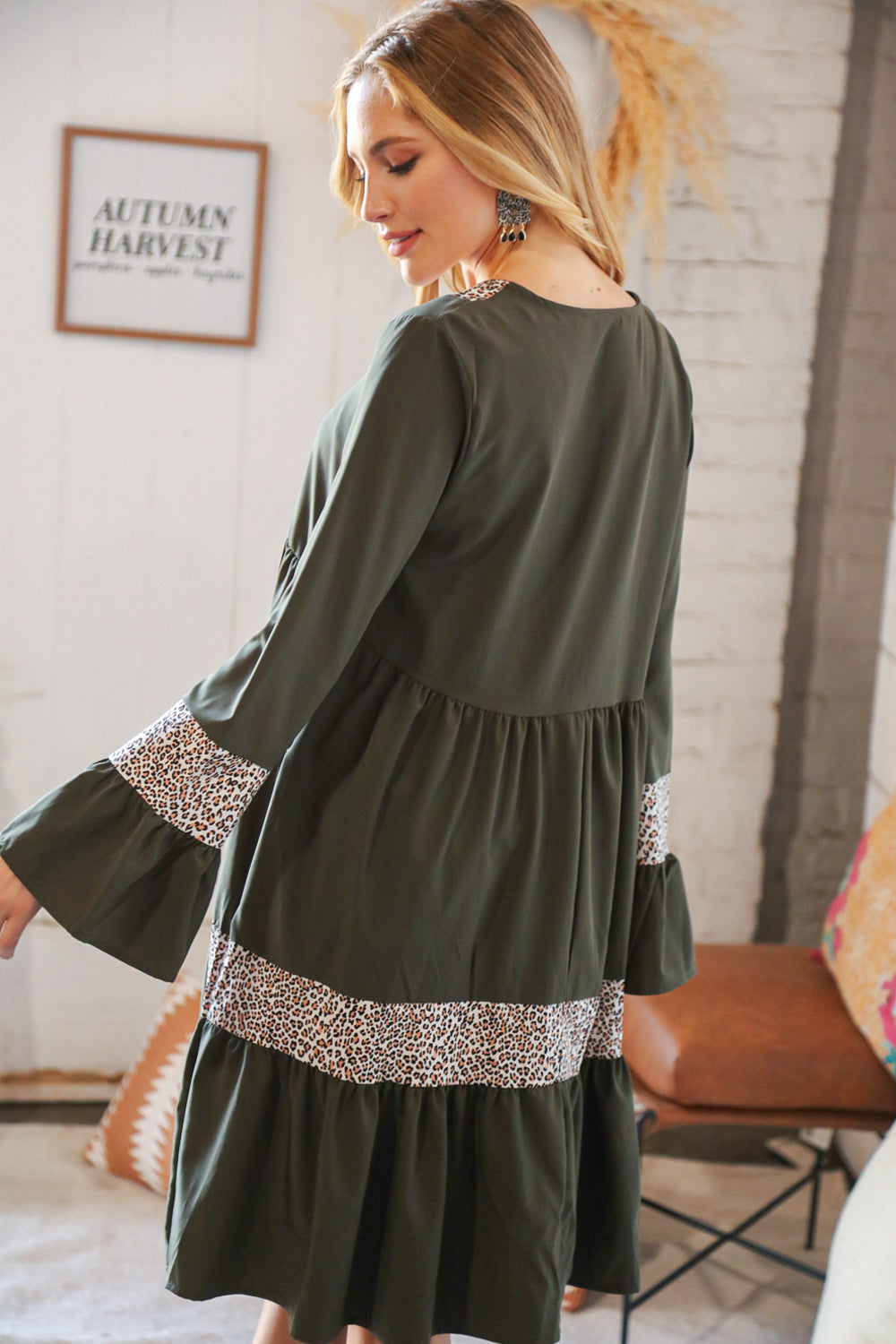 Olive Animal Banded V Neck Bell Bottom Pocketed Dress