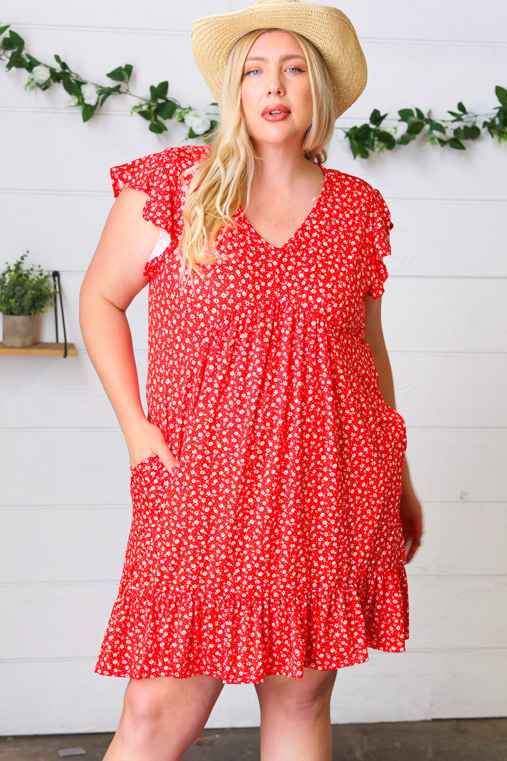 Cherry Red Ditzy Floral Babydoll Midi Dress