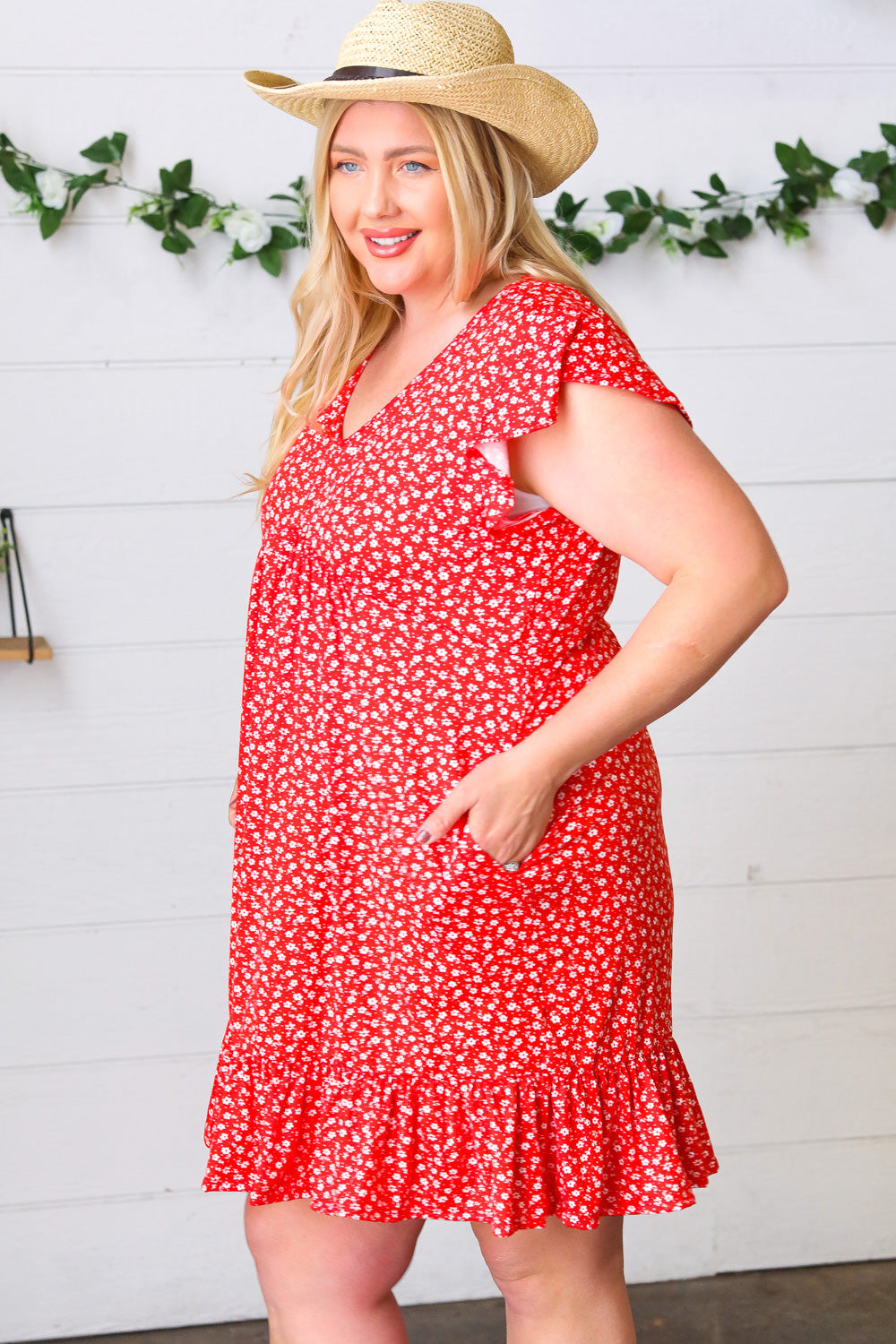 Cherry Red Ditzy Floral Babydoll Midi Dress
