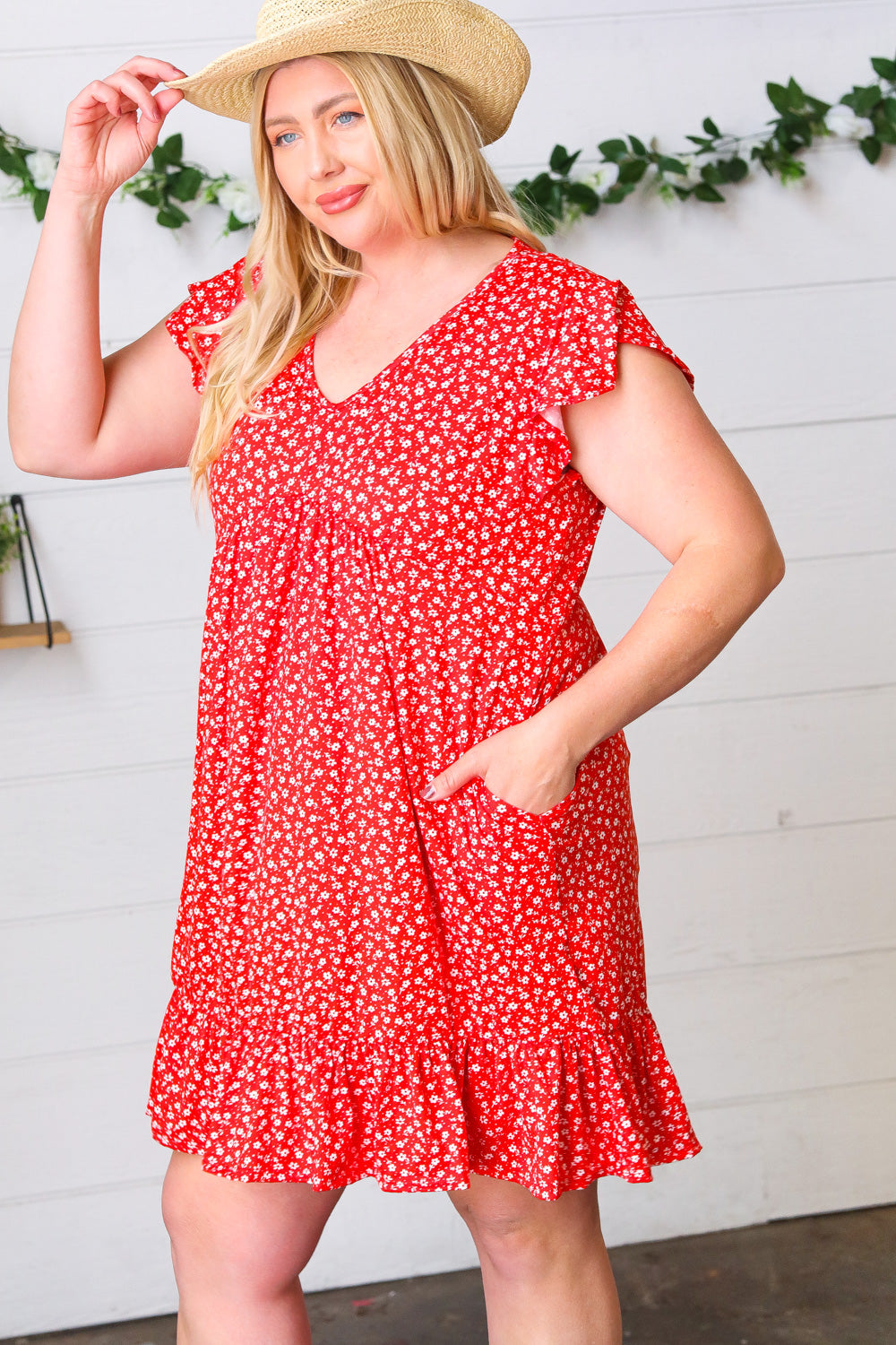 Cherry Red Ditzy Floral Babydoll Midi Dress