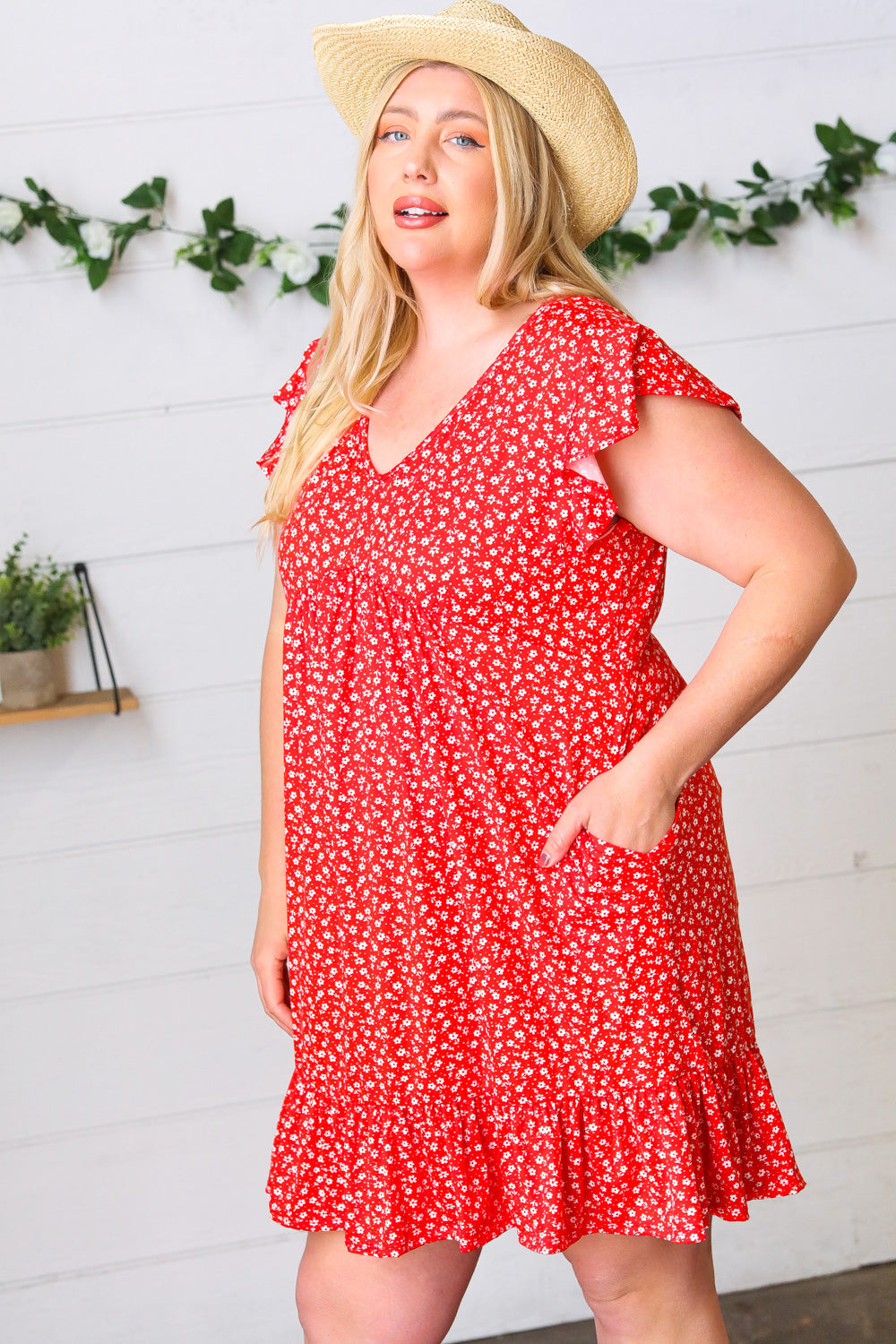 Cherry Red Ditzy Floral Babydoll Midi Dress
