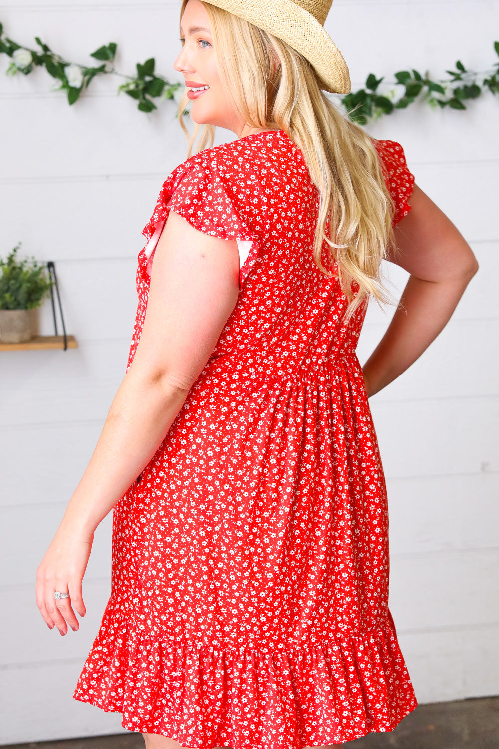 Cherry Red Ditzy Floral Babydoll Midi Dress