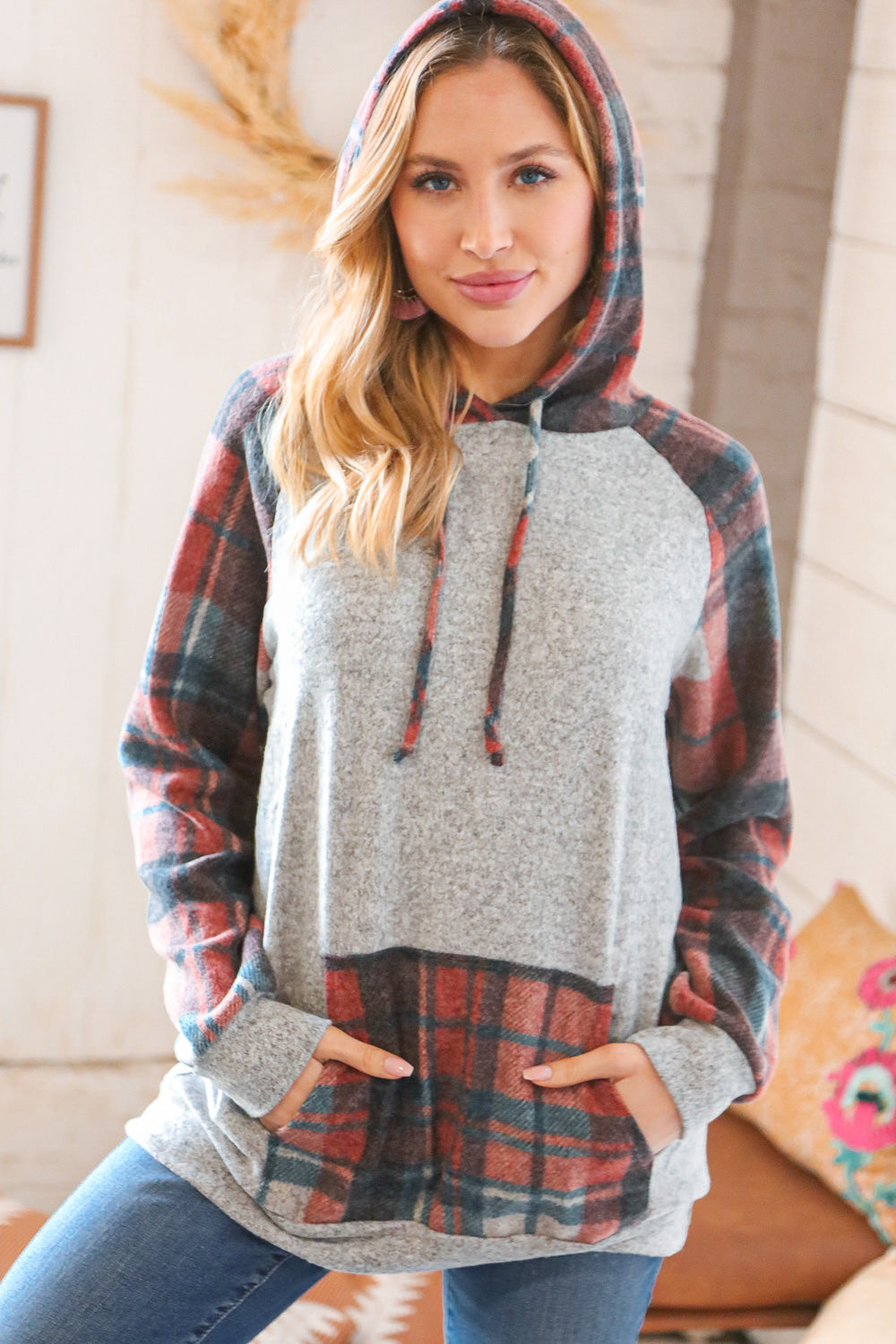 Brushed Hacci Plaid Kangaroo Pocket Hoodie