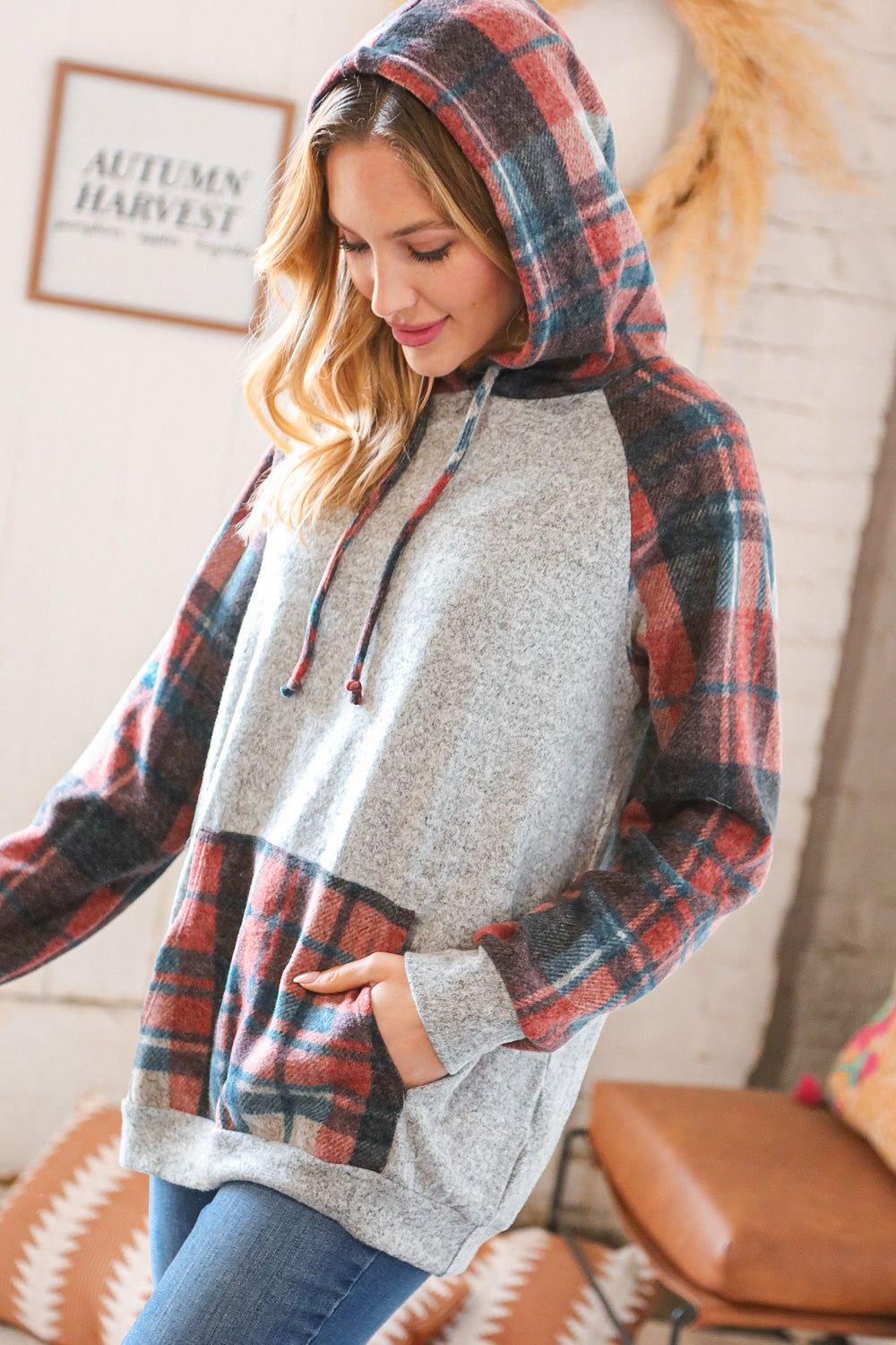 Brushed Hacci Plaid Kangaroo Pocket Hoodie