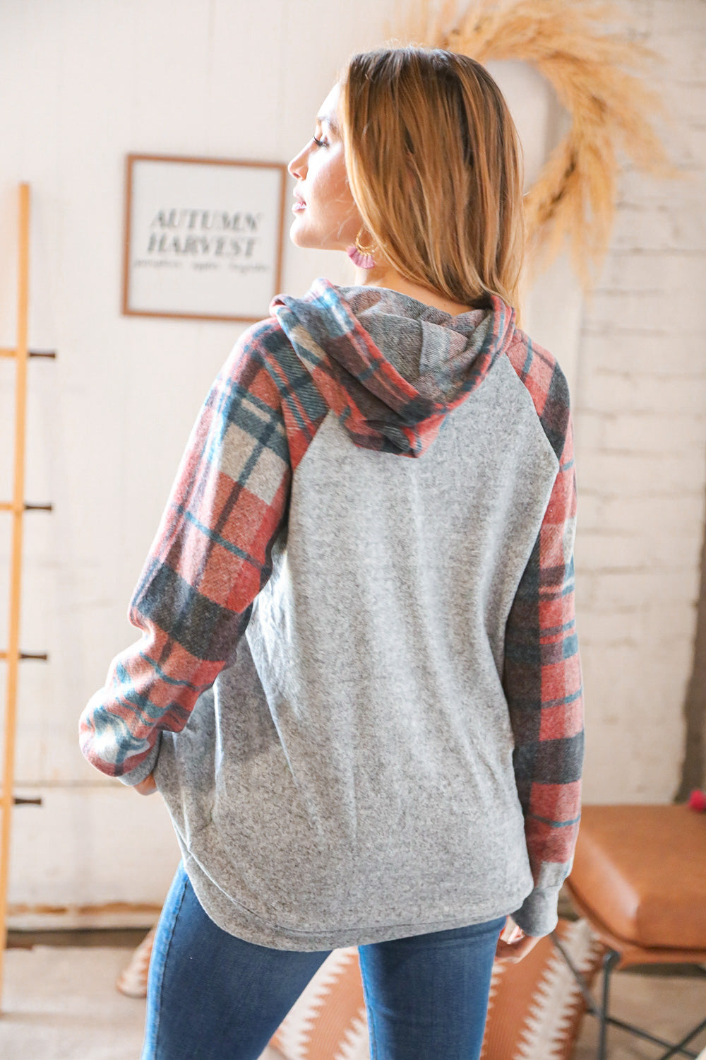 Brushed Hacci Plaid Kangaroo Pocket Hoodie