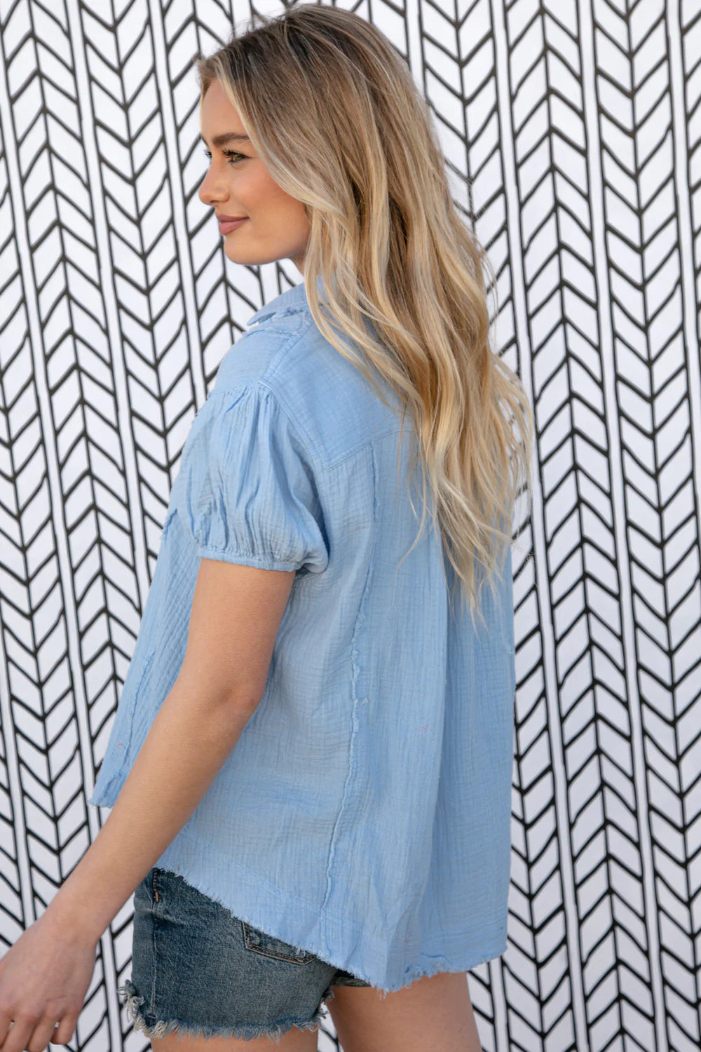 Baby Blue Cotton Linen Frayed Yoke Collared Top