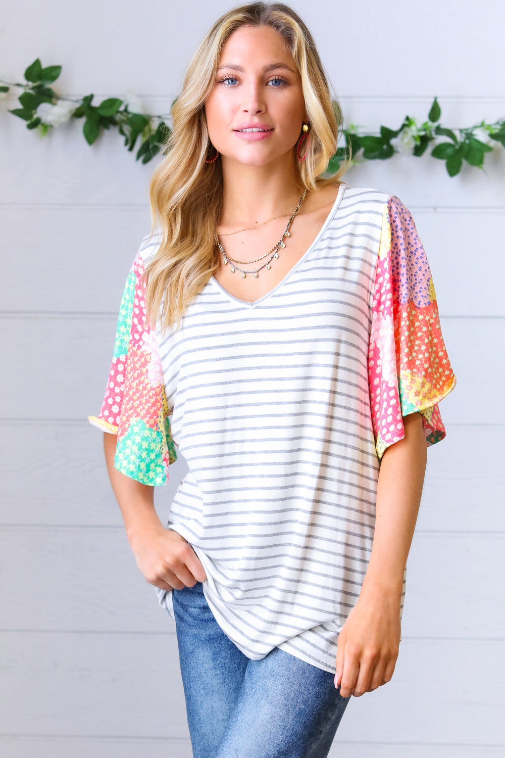 Multicolor Floral Patchwork Bell Sleeve Striped Top
