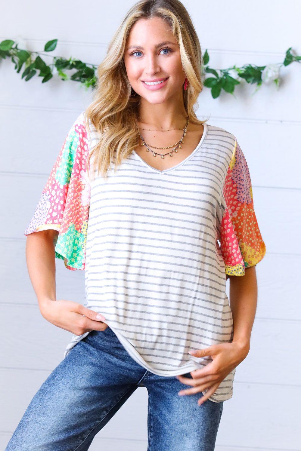Multicolor Floral Patchwork Bell Sleeve Striped Top
