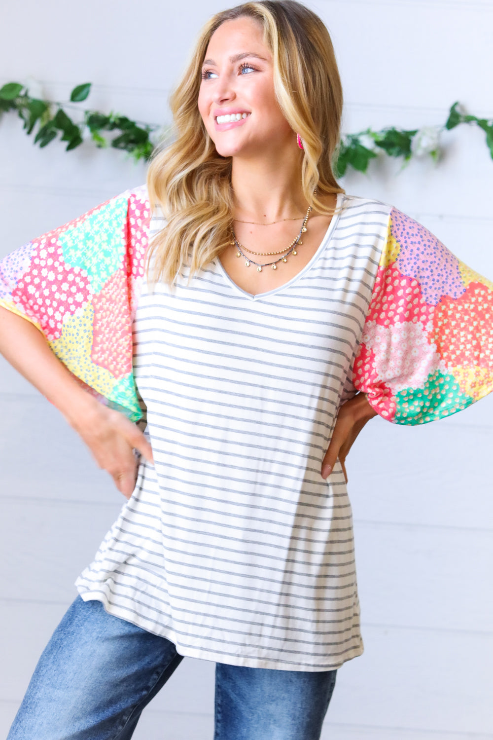 Multicolor Floral Patchwork Bell Sleeve Striped Top