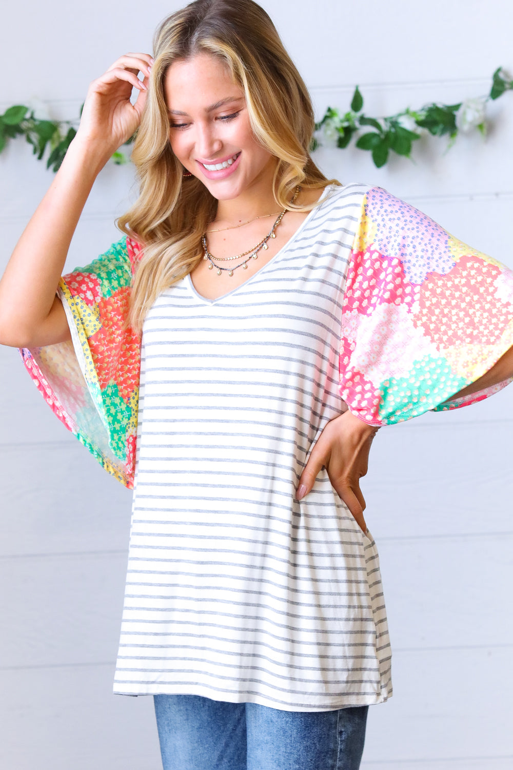 Multicolor Floral Patchwork Bell Sleeve Striped Top