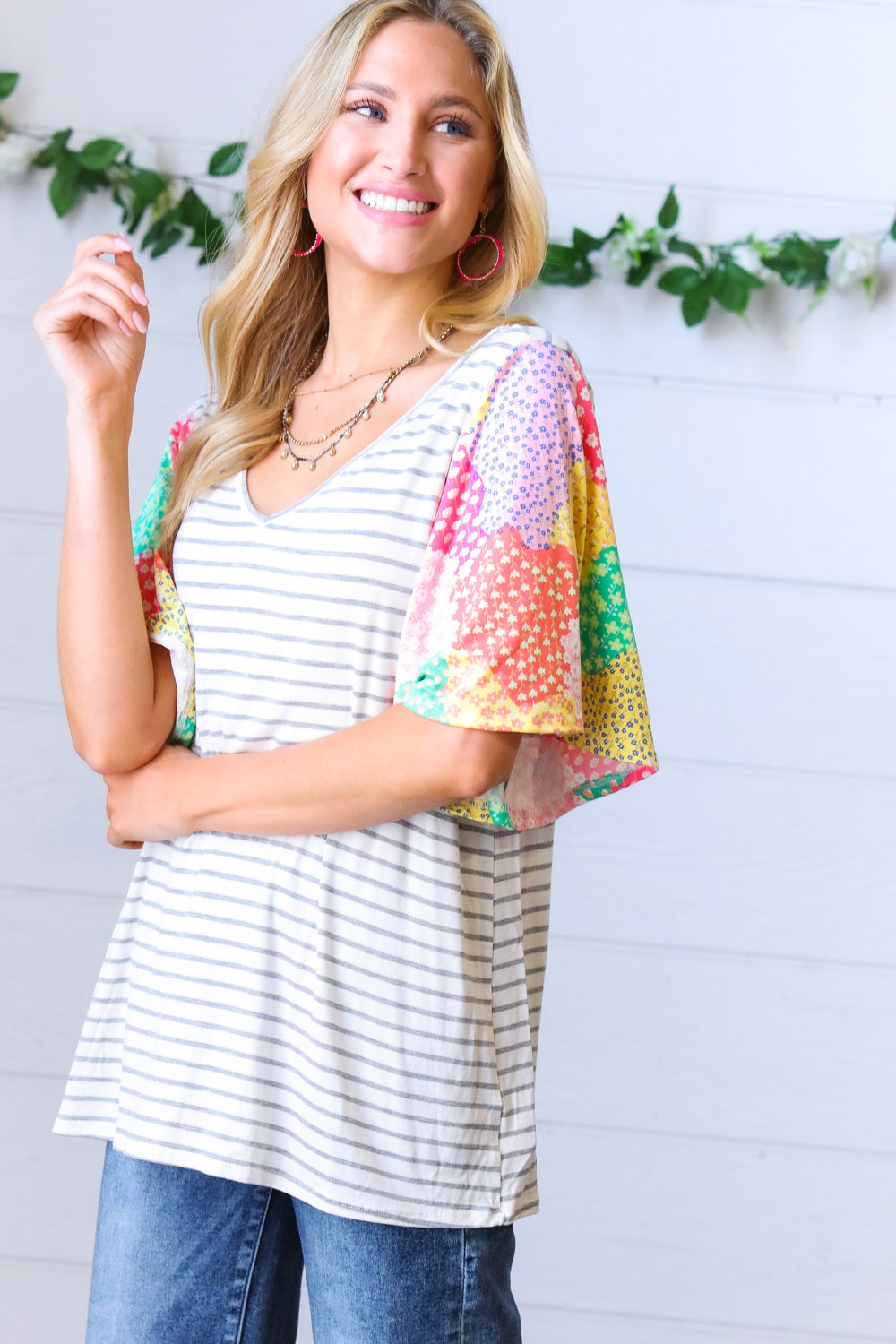 Multicolor Floral Patchwork Bell Sleeve Striped Top