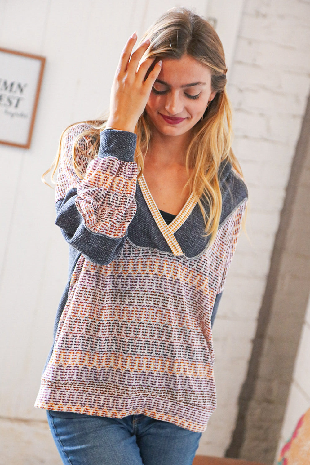 Charcoal Vintage Chevron Hacci Color Block Hoodie