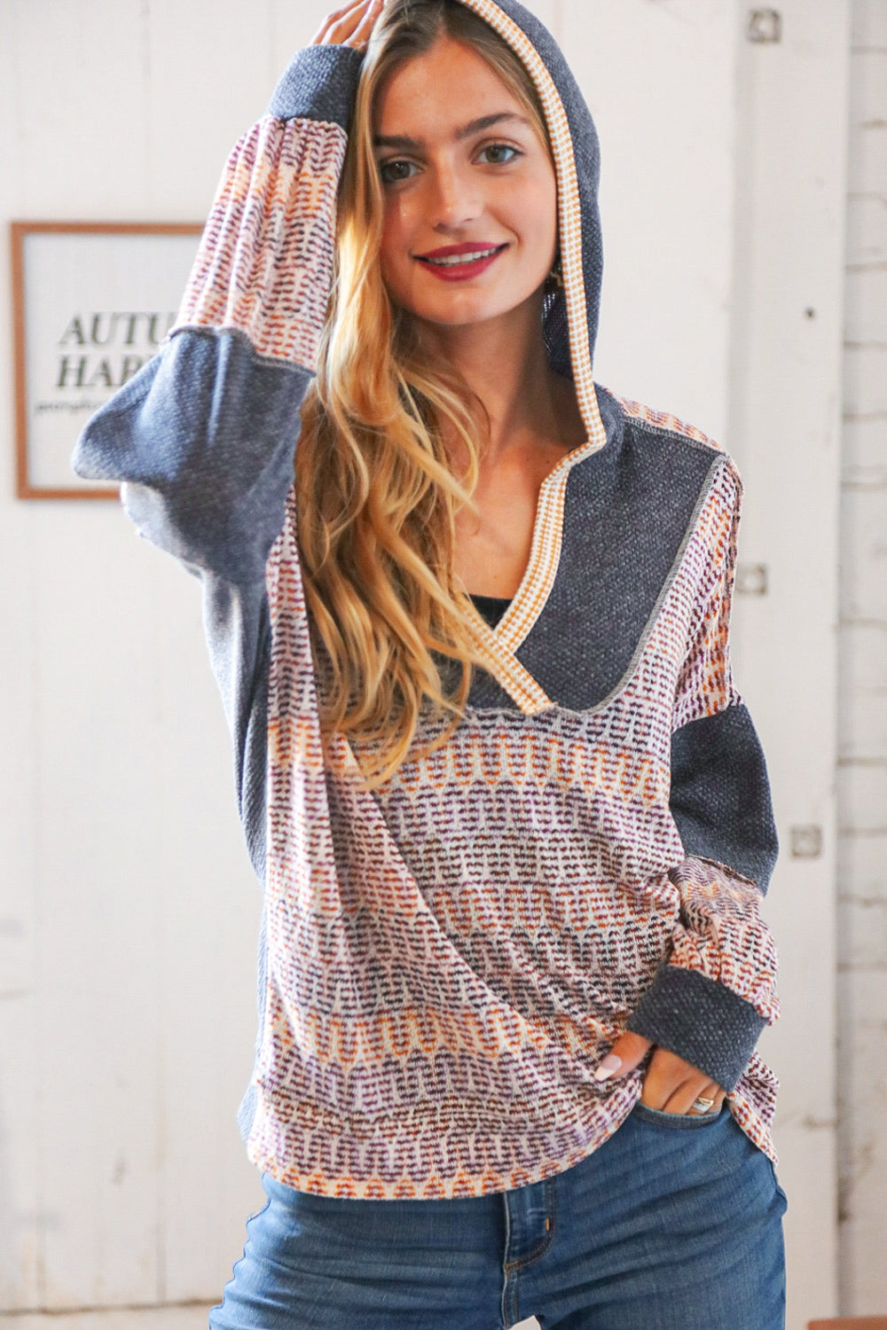 Charcoal Vintage Chevron Hacci Color Block Hoodie