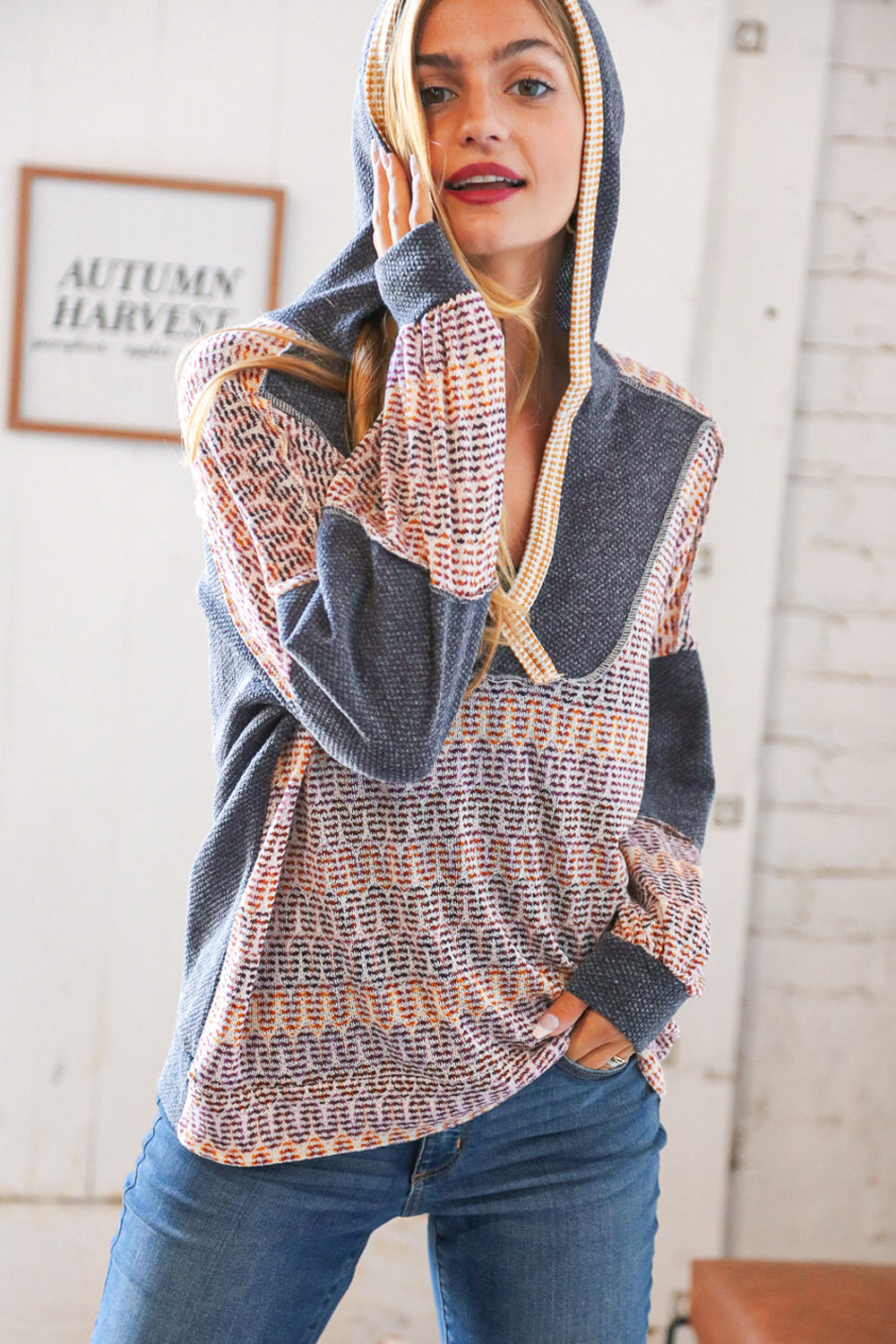 Charcoal Vintage Chevron Hacci Color Block Hoodie