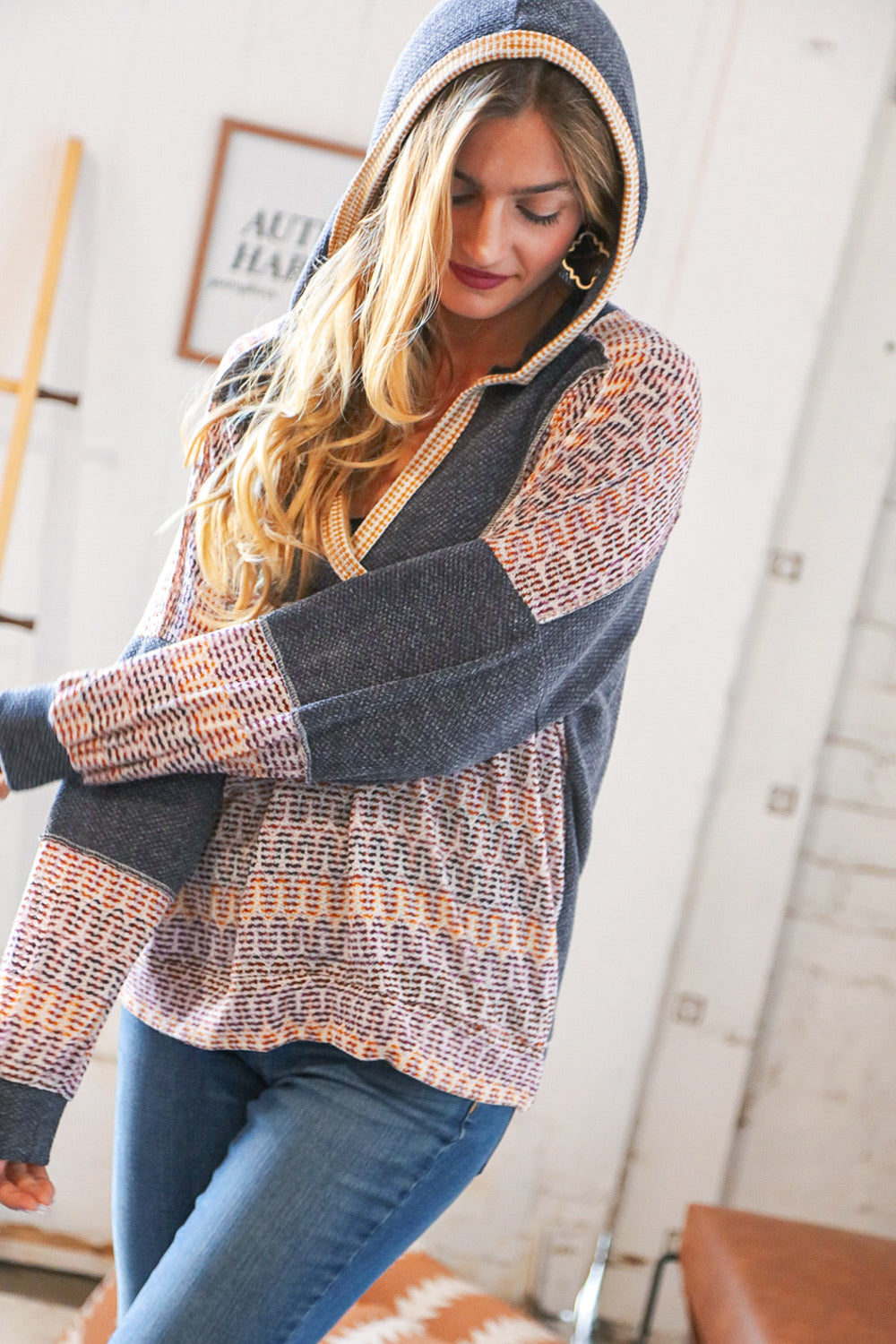 Charcoal Vintage Chevron Hacci Color Block Hoodie