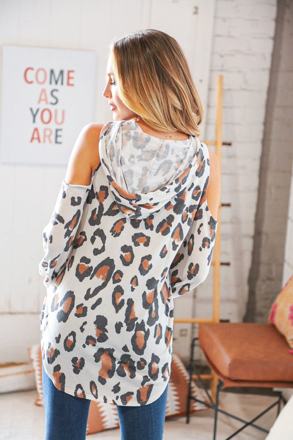 Ivory Animal Print Cold Shoulder Hoodie Top