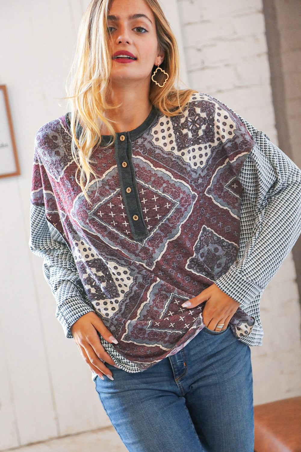 Grey Hacci Ethnic Button-Down Jacquard Dolman Top