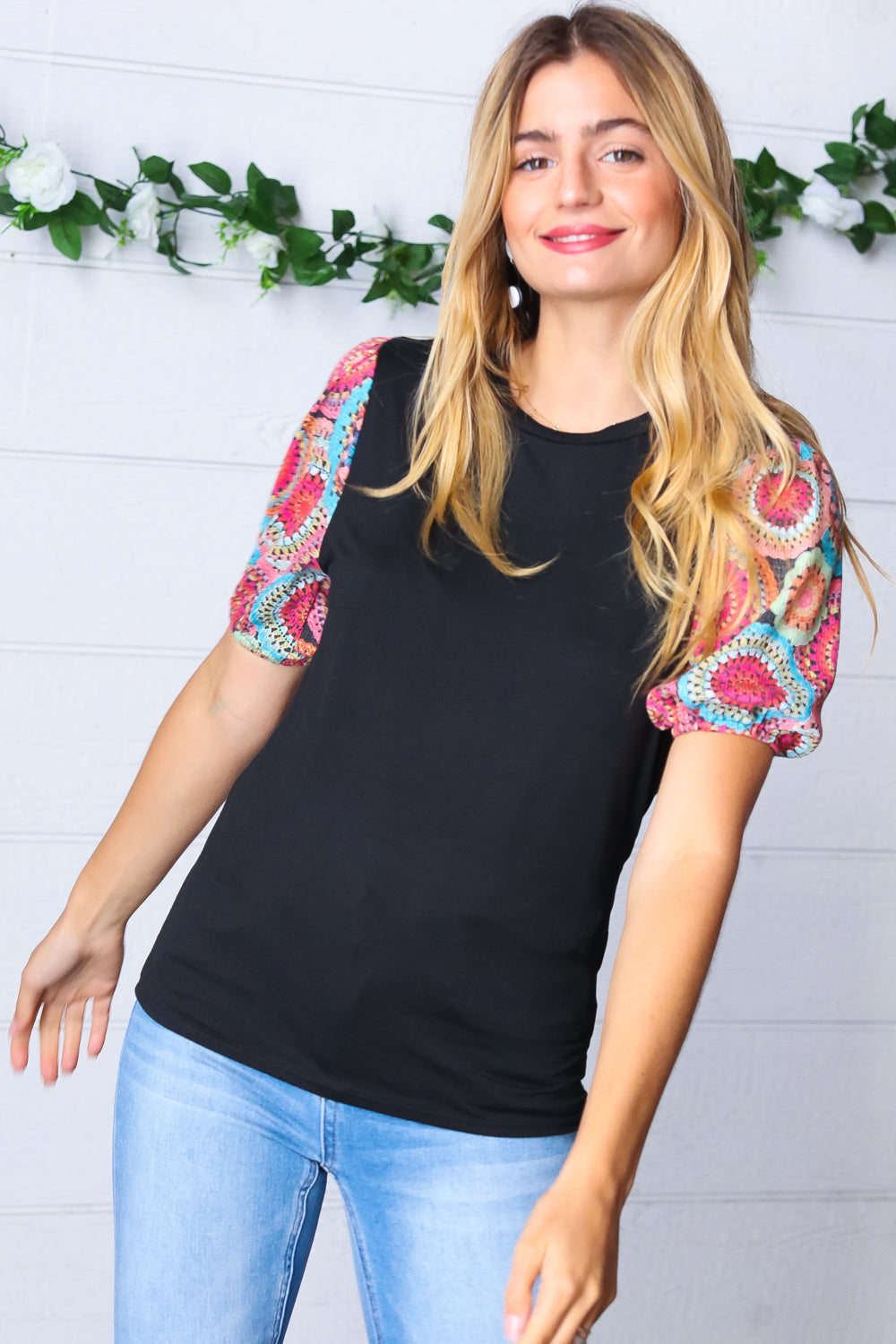 Black Kaleidoscope Print Thermal Puff Sleeve Top