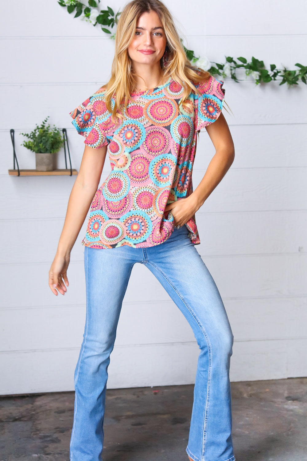 Kaleidoscope Print Thermal Flutter Sleeve Top