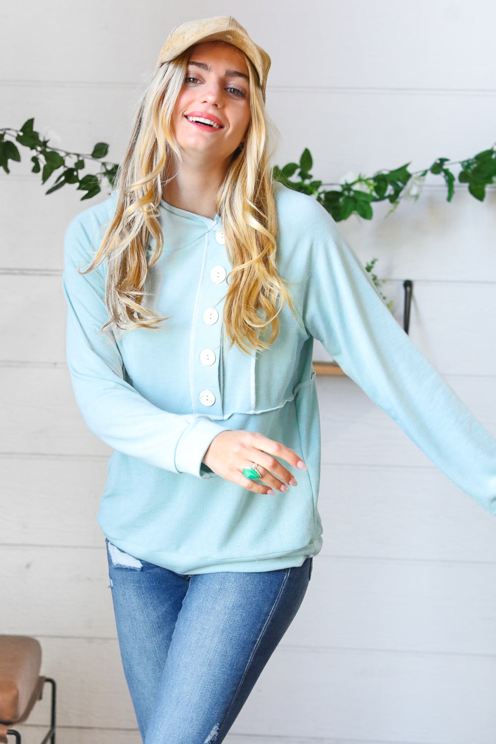 Teal French Terry Button Down Outseam Hoodie
