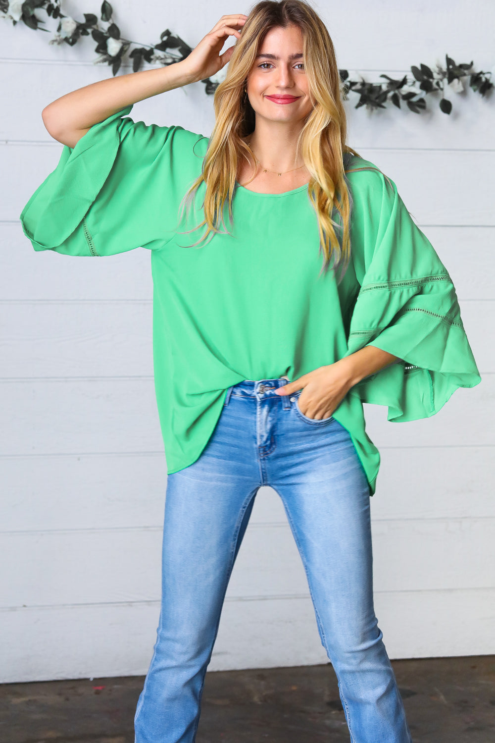 Green Apple Crepe Back Tie Strap Crochet Bell Sleeve Blouse