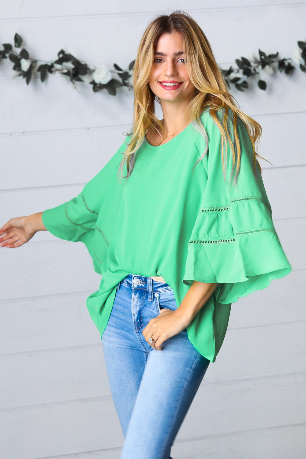Green Apple Crepe Back Tie Strap Crochet Bell Sleeve Blouse