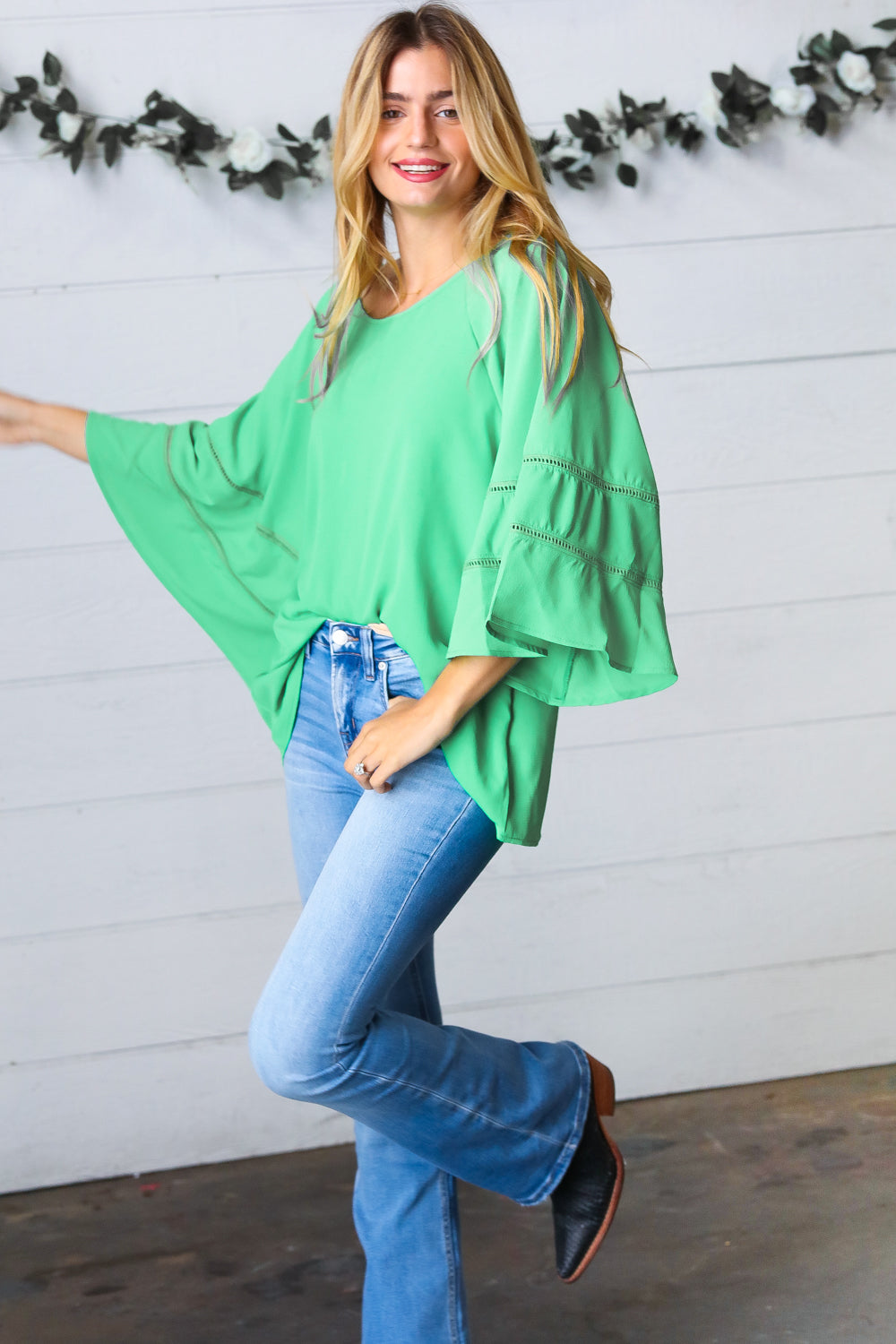 Green Apple Crepe Back Tie Strap Crochet Bell Sleeve Blouse