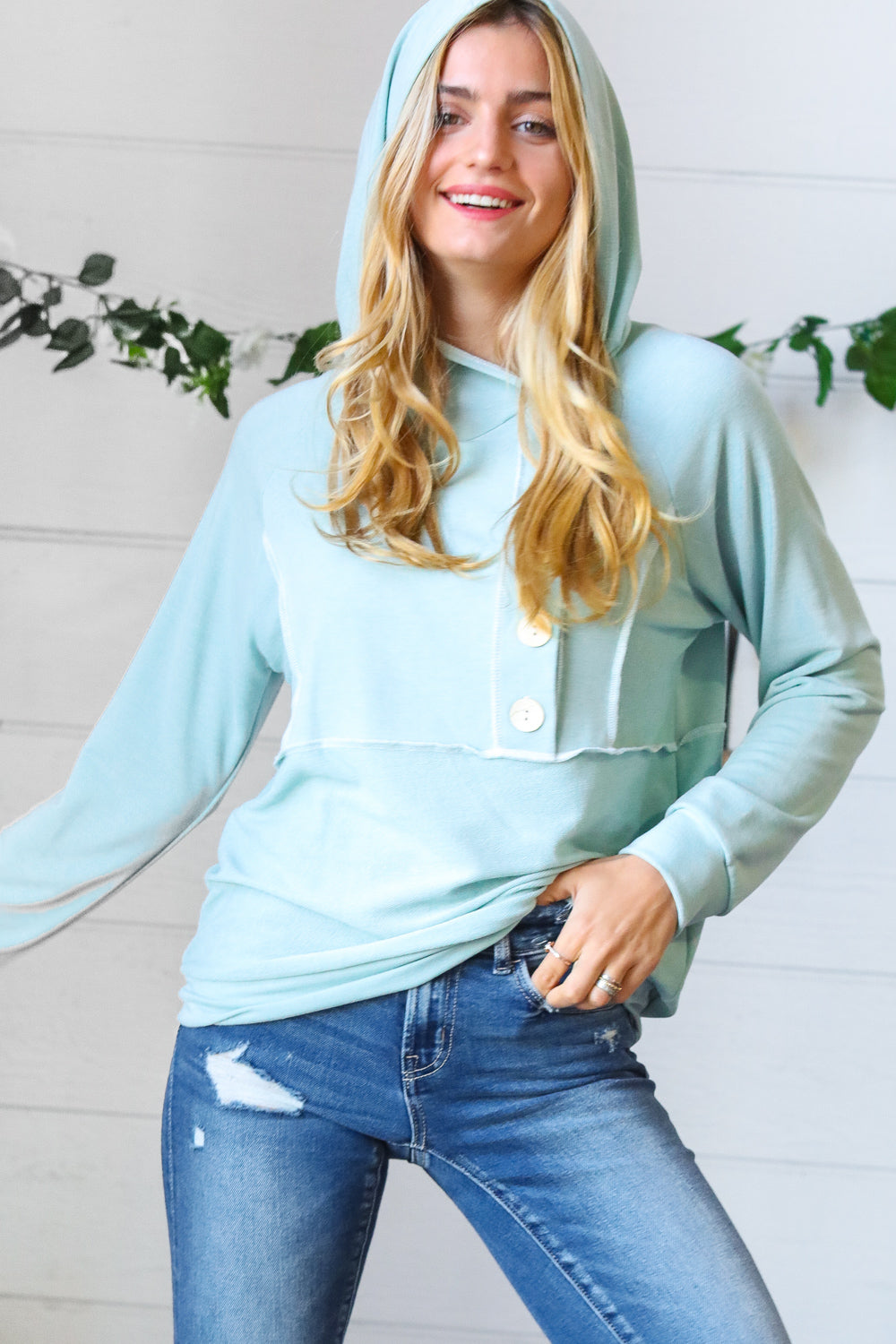 Teal French Terry Button Down Outseam Hoodie