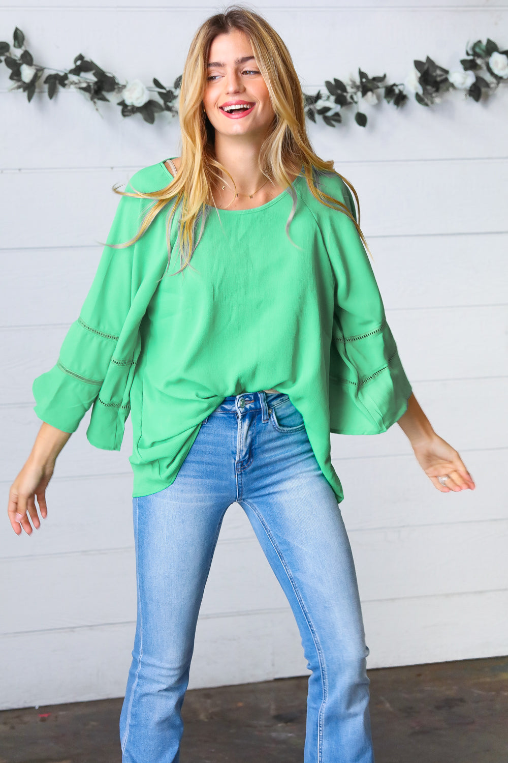 Green Apple Crepe Back Tie Strap Crochet Bell Sleeve Blouse