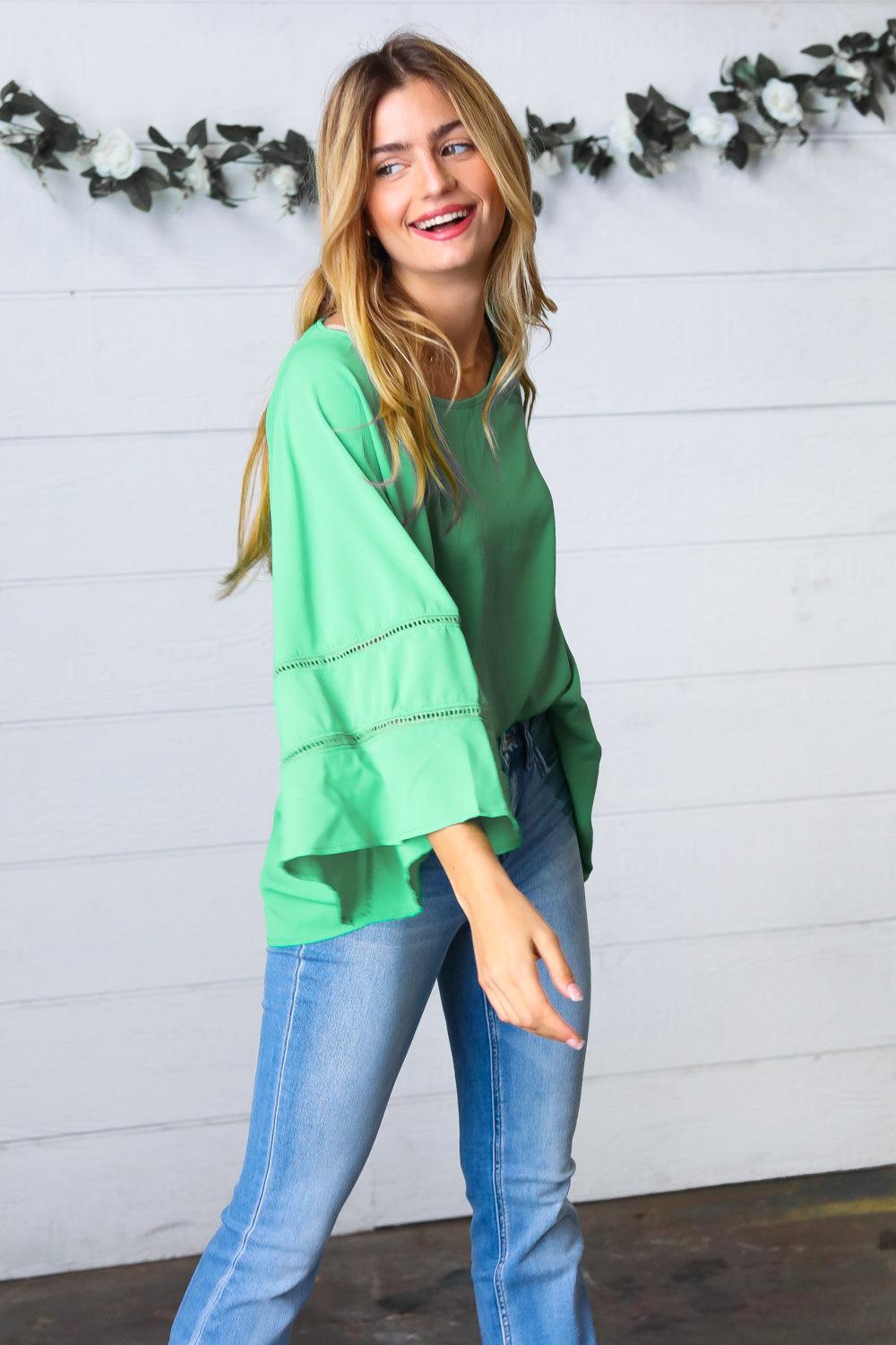 Green Apple Crepe Back Tie Strap Crochet Bell Sleeve Blouse