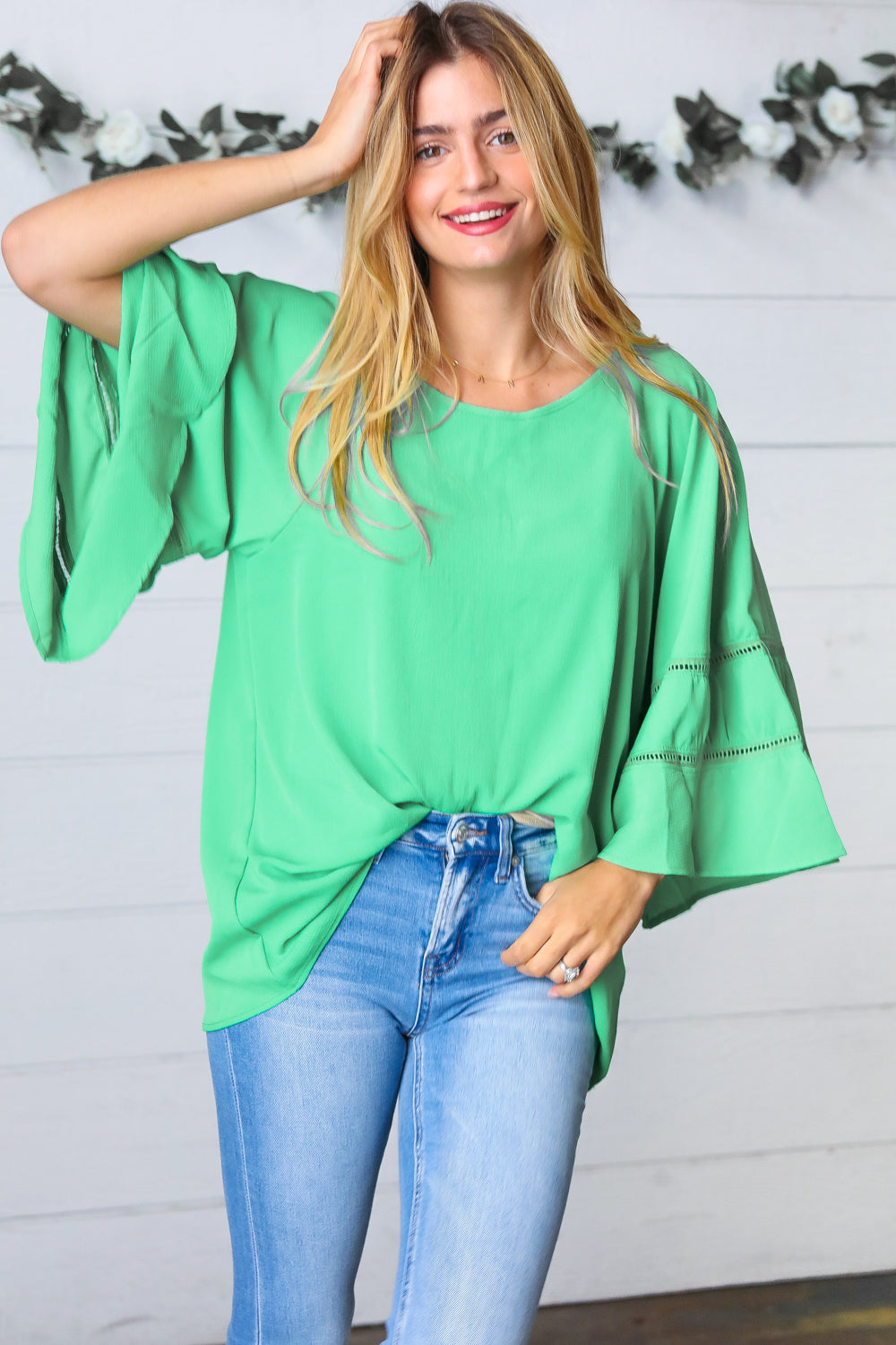 Green Apple Crepe Back Tie Strap Crochet Bell Sleeve Blouse