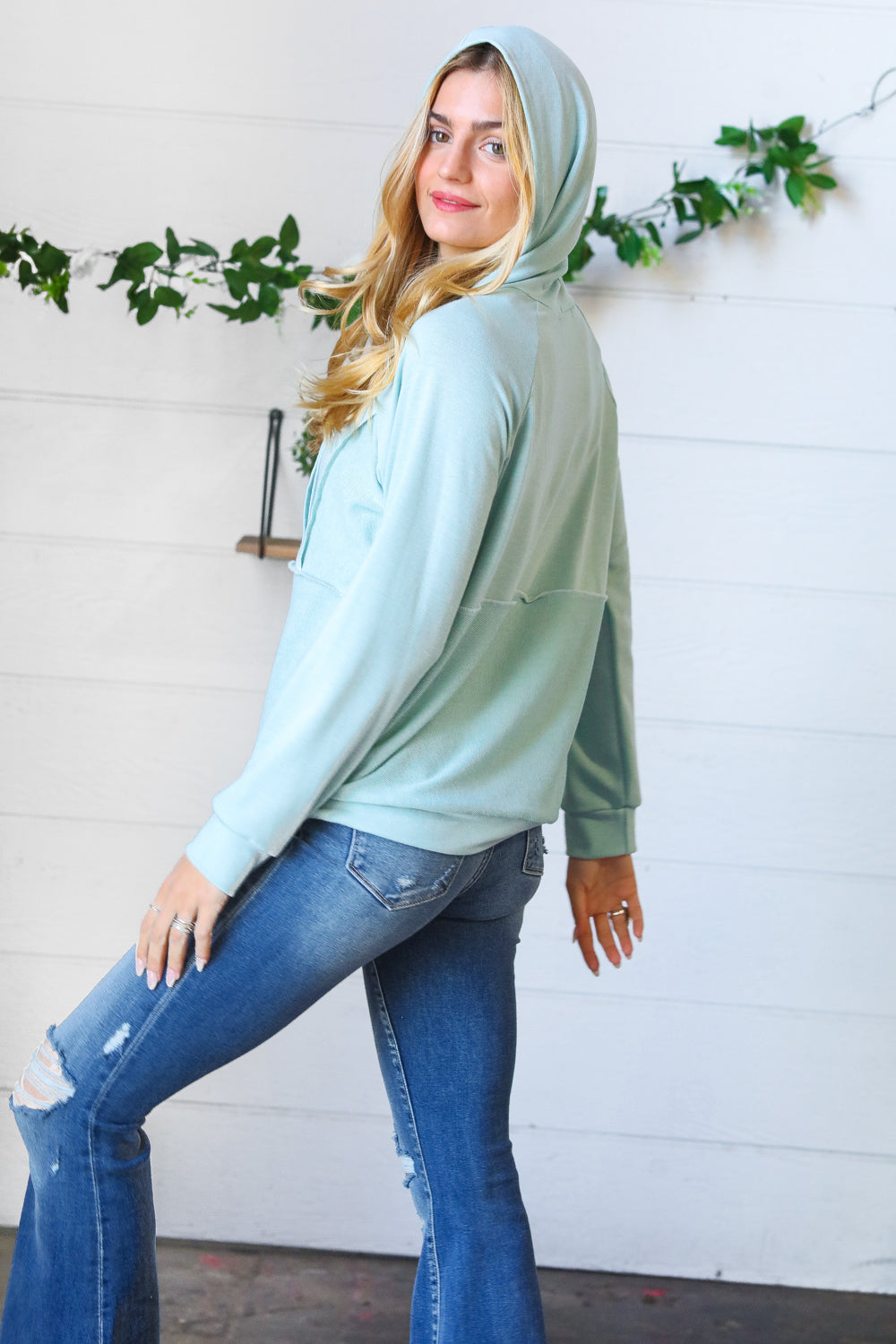 Teal French Terry Button Down Outseam Hoodie