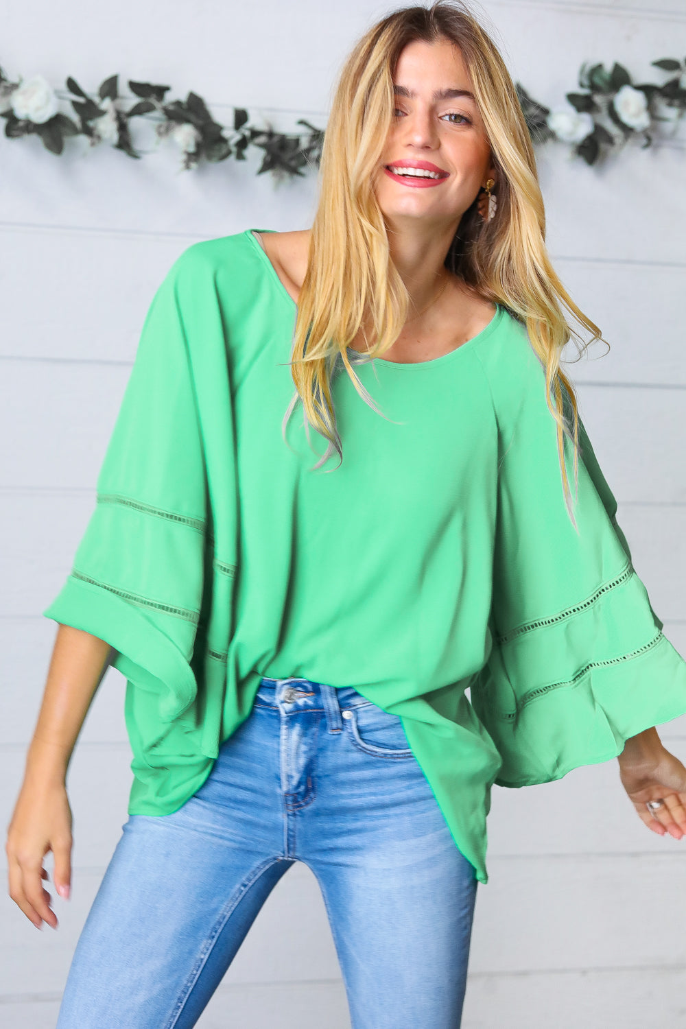Green Apple Crepe Back Tie Strap Crochet Bell Sleeve Blouse