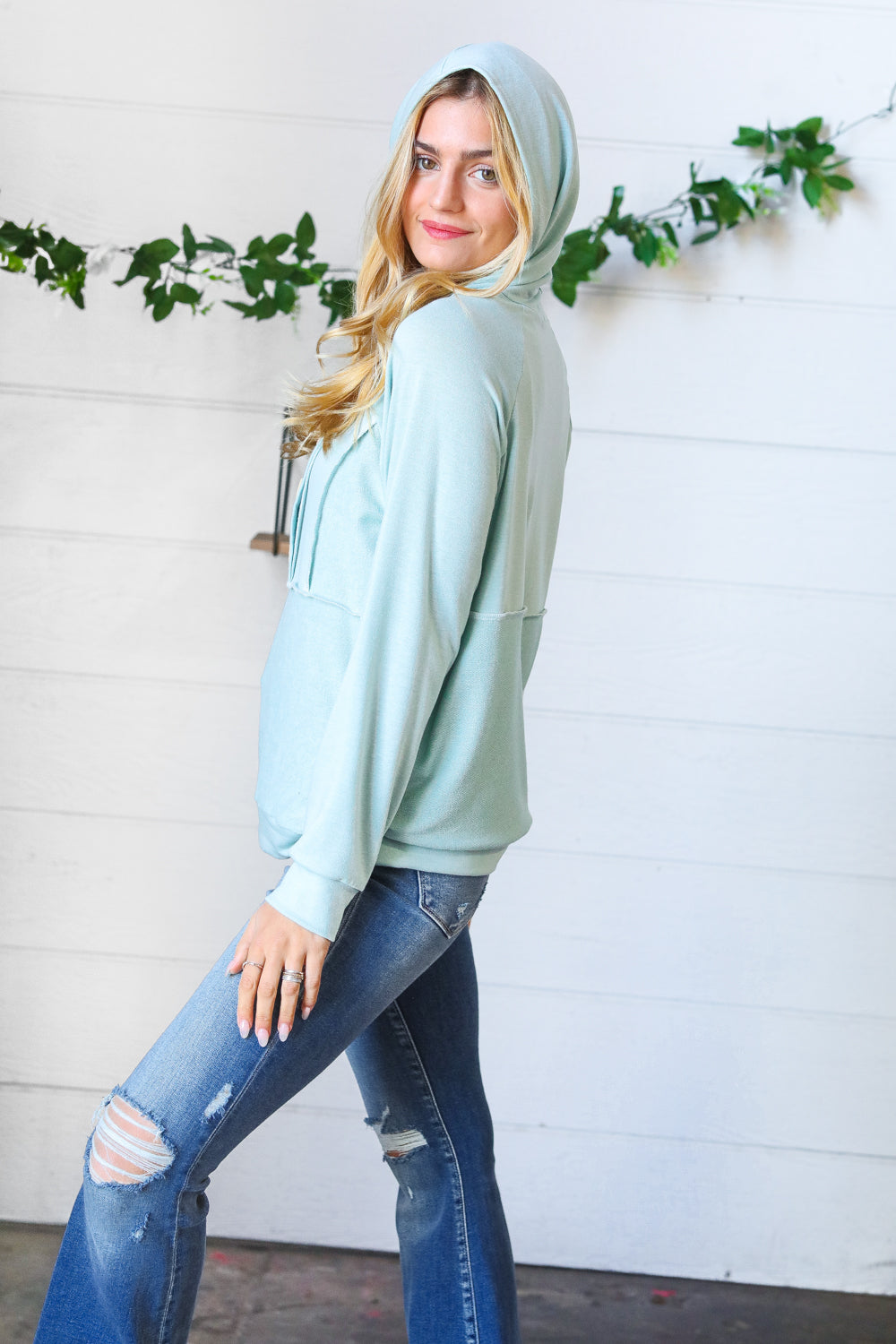 Teal French Terry Button Down Outseam Hoodie