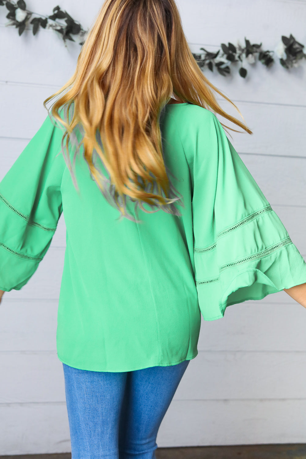 Green Apple Crepe Back Tie Strap Crochet Bell Sleeve Blouse
