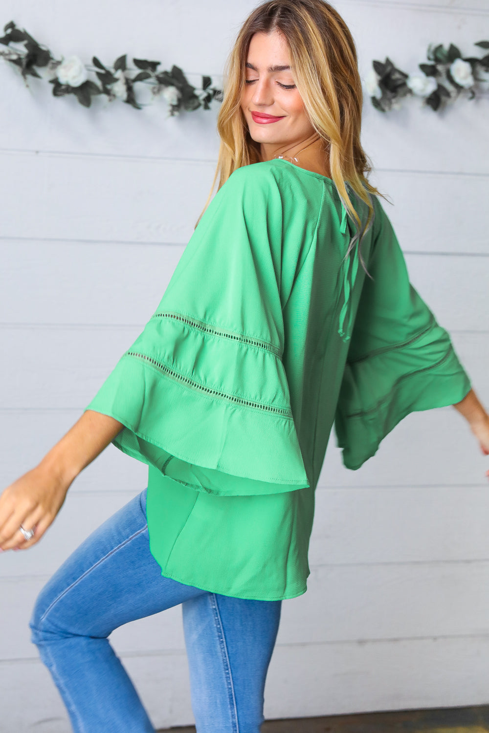 Green Apple Crepe Back Tie Strap Crochet Bell Sleeve Blouse