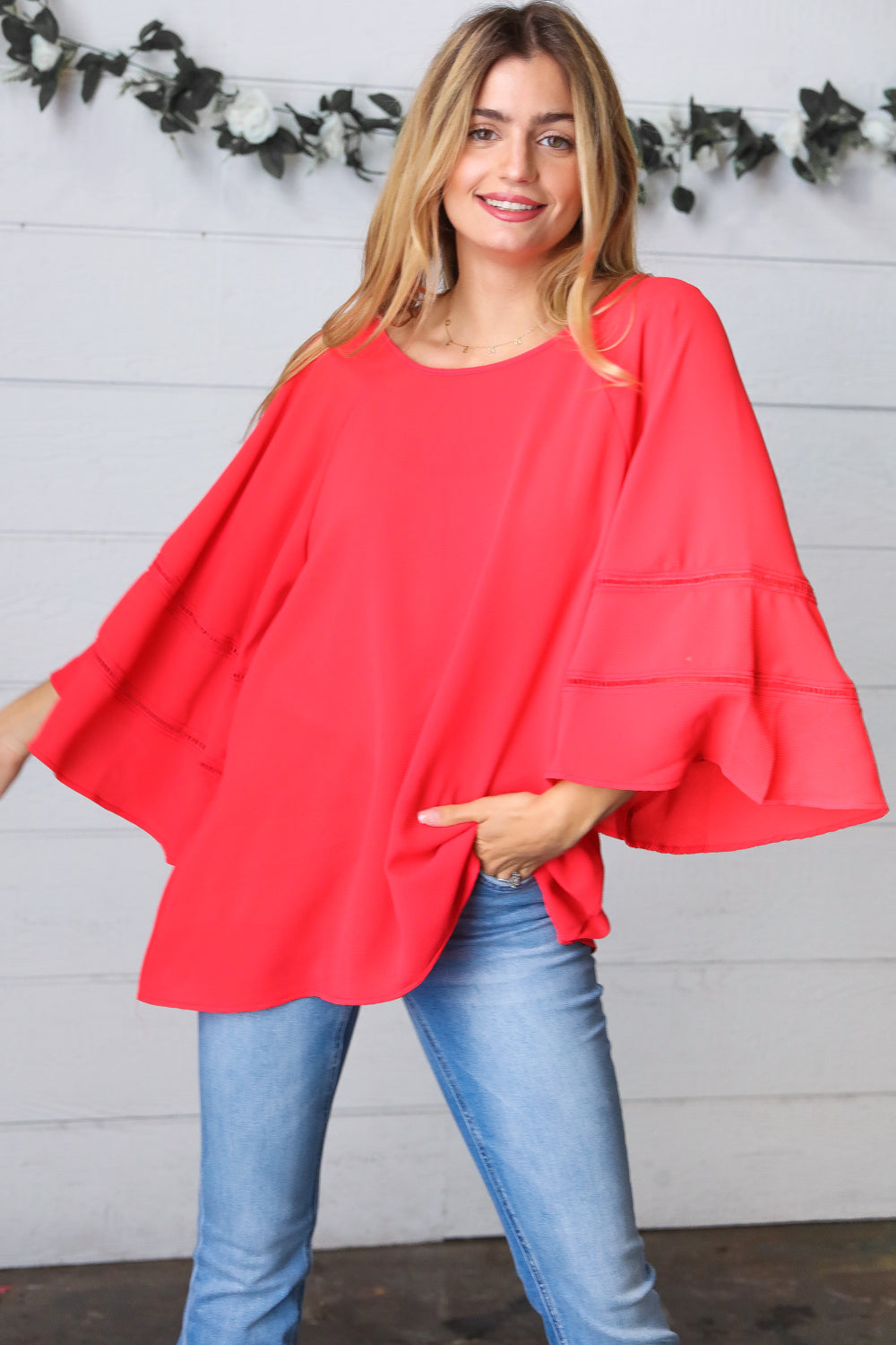 Candy Apple Crepe Back Tie Strap Crochet Bell Sleeve Blouse