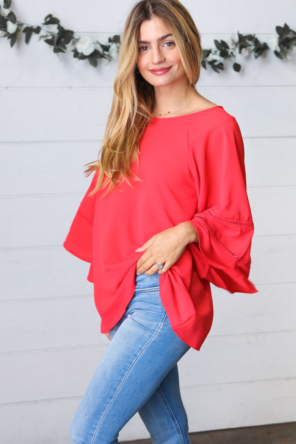 Candy Apple Crepe Back Tie Strap Crochet Bell Sleeve Blouse
