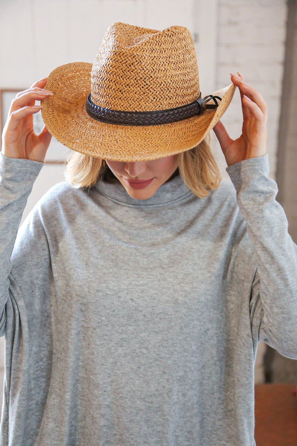 Tan Straw Braided Belt Strap Fashion Hat