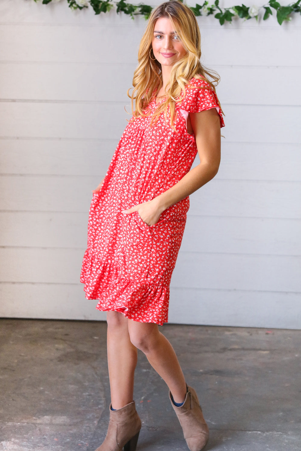 Cherry Red Ditzy Floral Babydoll Midi Dress
