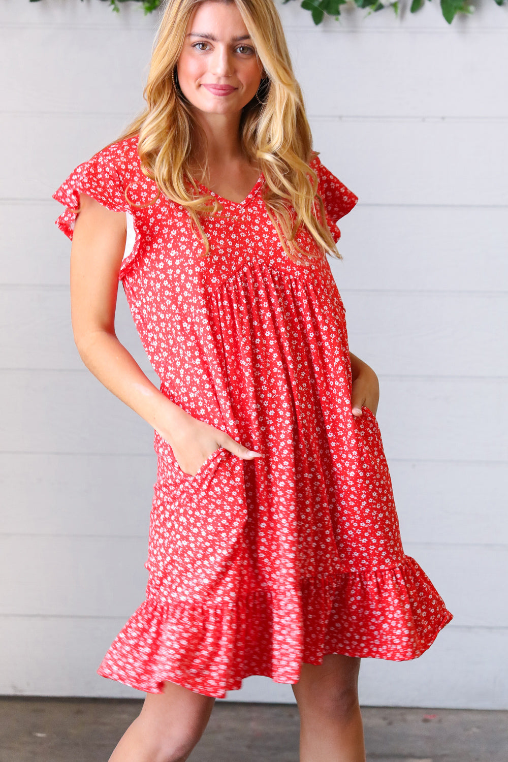 Cherry Red Ditzy Floral Babydoll Midi Dress