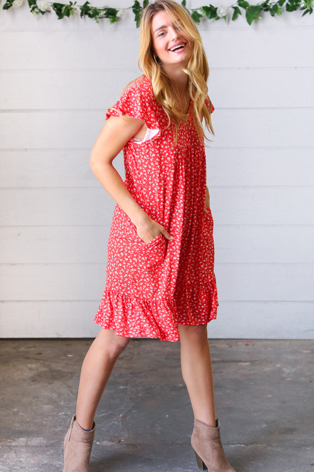 Cherry Red Ditzy Floral Babydoll Midi Dress